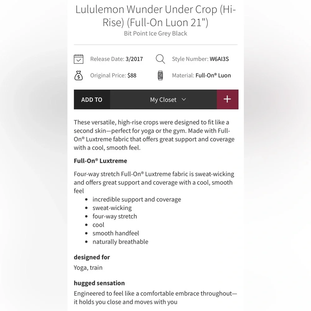 lululemon | size 6 Wunder Under Crop HR 21